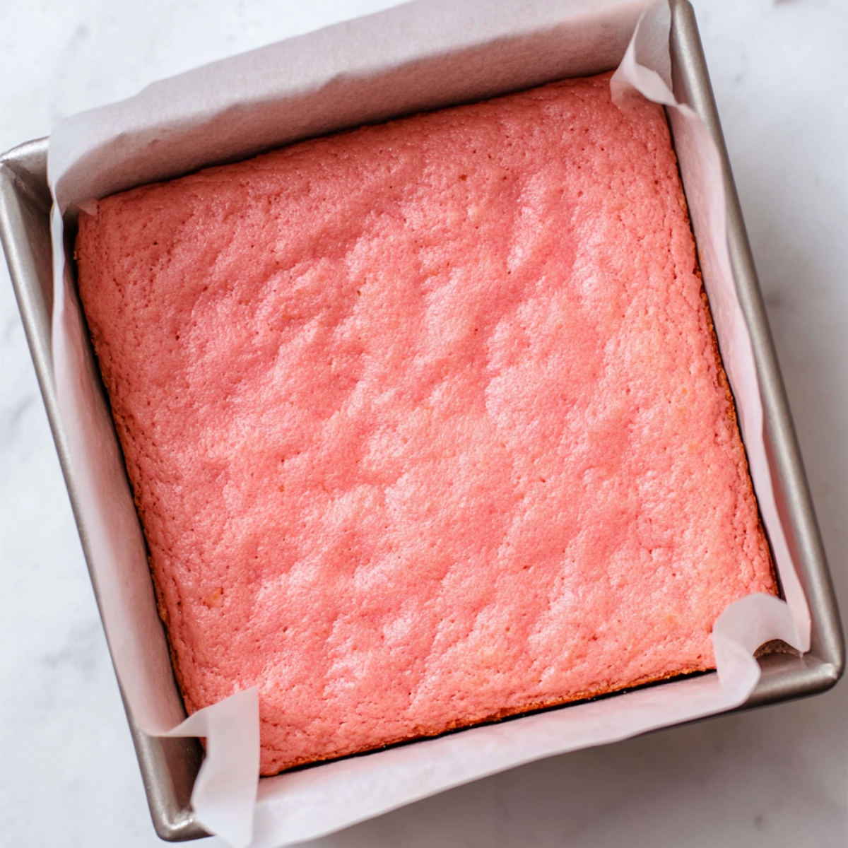 Strawberry Brownies Recipe | Soft, Pink & Ready in 30 Min 12 Freshly baked strawberry brownies in a square pan, showing a soft pink surface after baking.