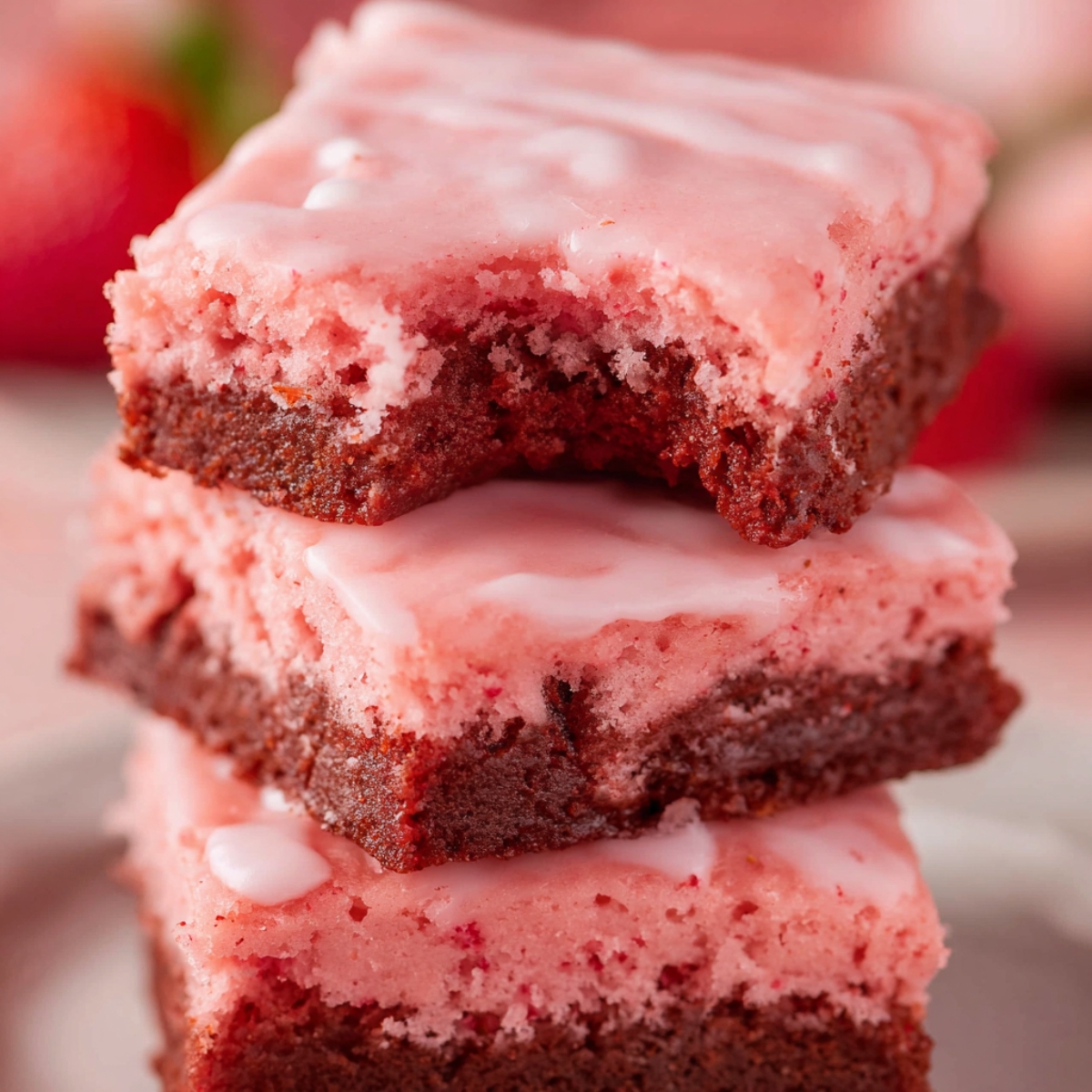 Strawberry Brownies Recipe | Soft, Pink & Ready in 30 Min 14 Stacked strawberry brownies with pink glaze, one brownie bitten to show the moist and chewy texture inside.