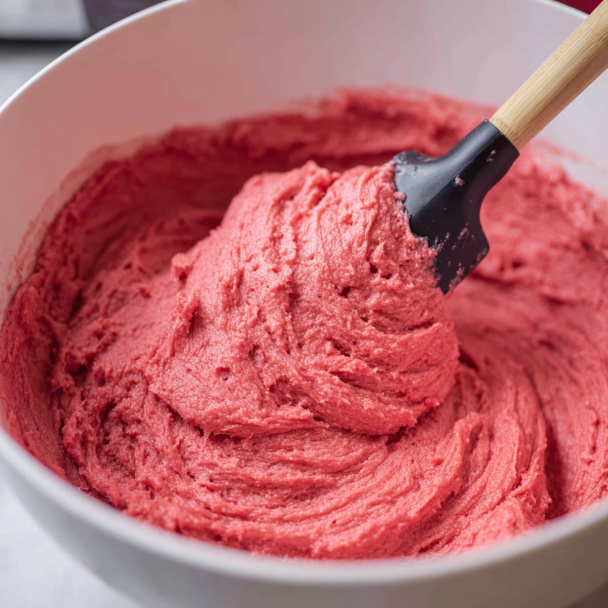 Strawberry Brownies Recipe | Soft, Pink & Ready in 30 Min 10 Strawberry brownie batter mixed in a bowl with a spatula, showing thick and creamy pink batter before baking.