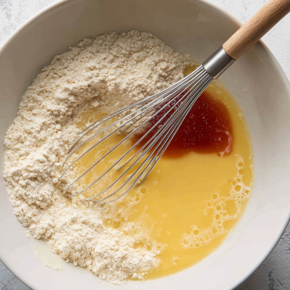 Best Strawberry Pancakes Recipe In 30 Minutes 11 A bowl containing flour and melted wet ingredients with a whisk resting inside, showing the start of combining pancake batter