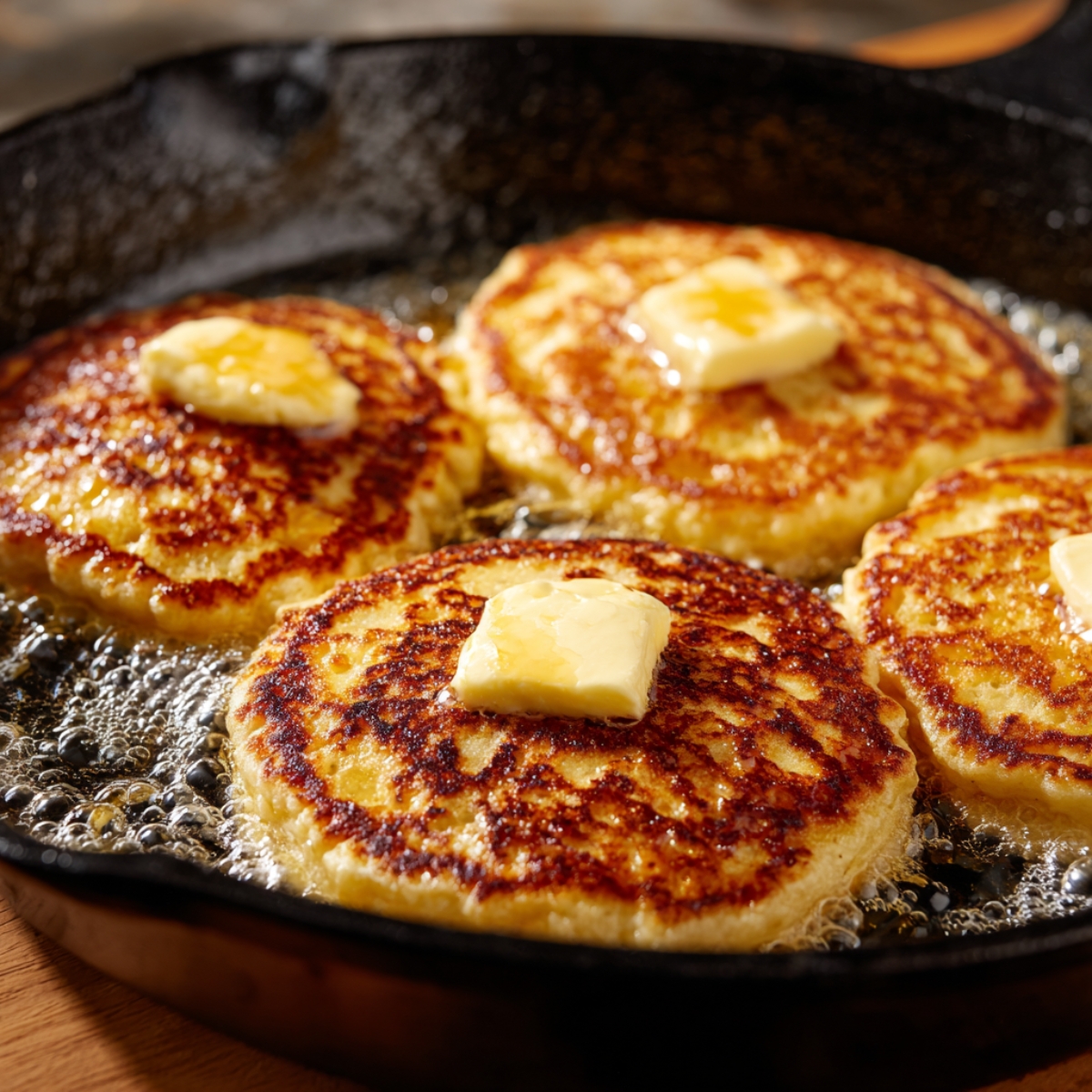 Best Strawberry Pancakes Recipe In 30 Minutes 12 Golden pancakes frying in a skillet with bubbling butter, each topped with a melting pat of butter
