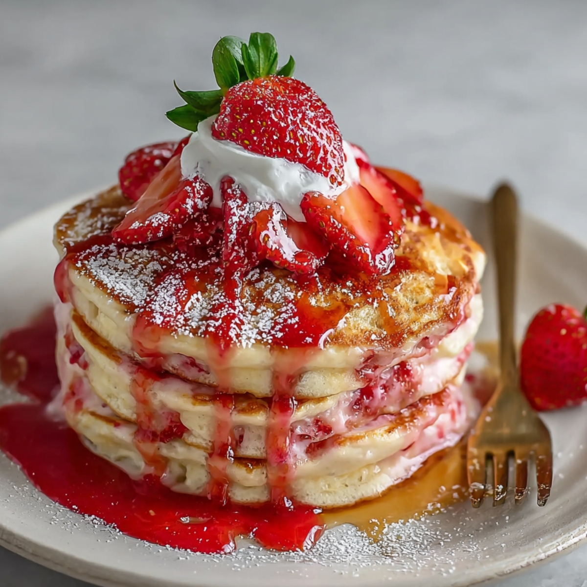 Best Strawberry Pancakes Recipe In 30 Minutes 13 Stack of fluffy strawberry pancakes topped with whipped cream, fresh strawberries, powdered sugar, and strawberry syrup dripping down the sides.