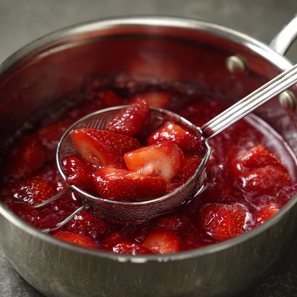 Best Strawberry Pancakes Recipe In 30 Minutes 10 A pot of simmering strawberry syrup with whole and halved strawberries, with a strainer lifting out glossy cooked berries