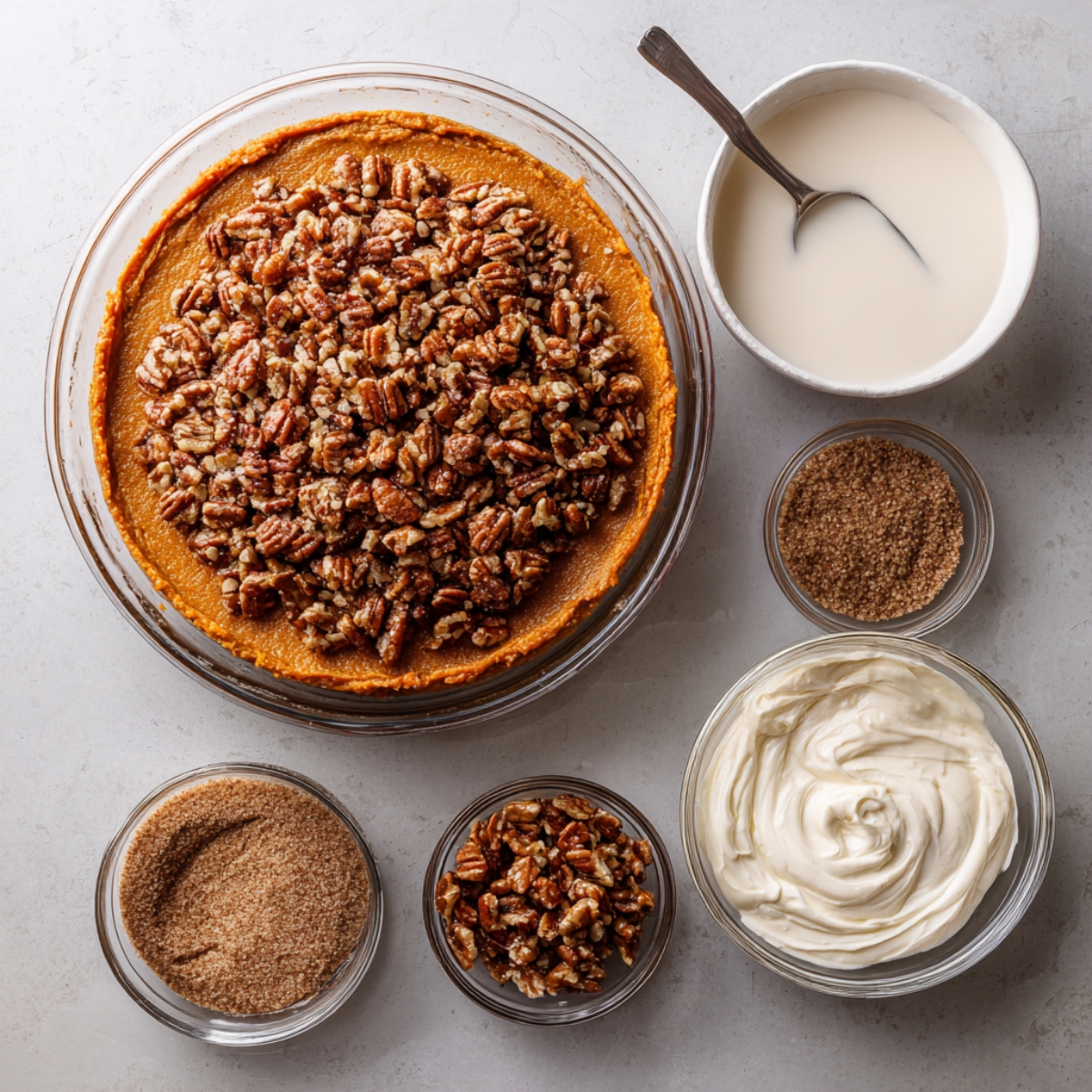 Healthy Sweet Potato Pecan Pie Recipe 11 “Overhead view of a sweet potato pecan pie with a pecan topping surrounded by bowls of brown sugar, pecans, and cream cheese mixture.”