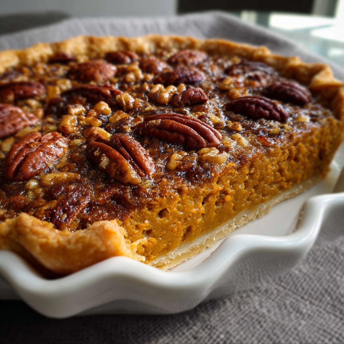 Healthy Sweet Potato Pecan Pie Recipe 12 “Close-up of a sweet potato pecan pie showing the caramelized pecan topping and golden sweet potato filling in a flaky pie crust.”