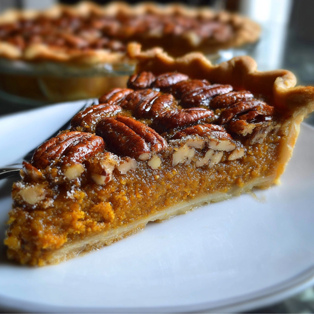 Healthy Sweet Potato Pecan Pie Recipe 13 “Slice of sweet potato pecan pie on a plate highlighting the two distinct layers and glossy pecan topping, with the full pie in the background.”