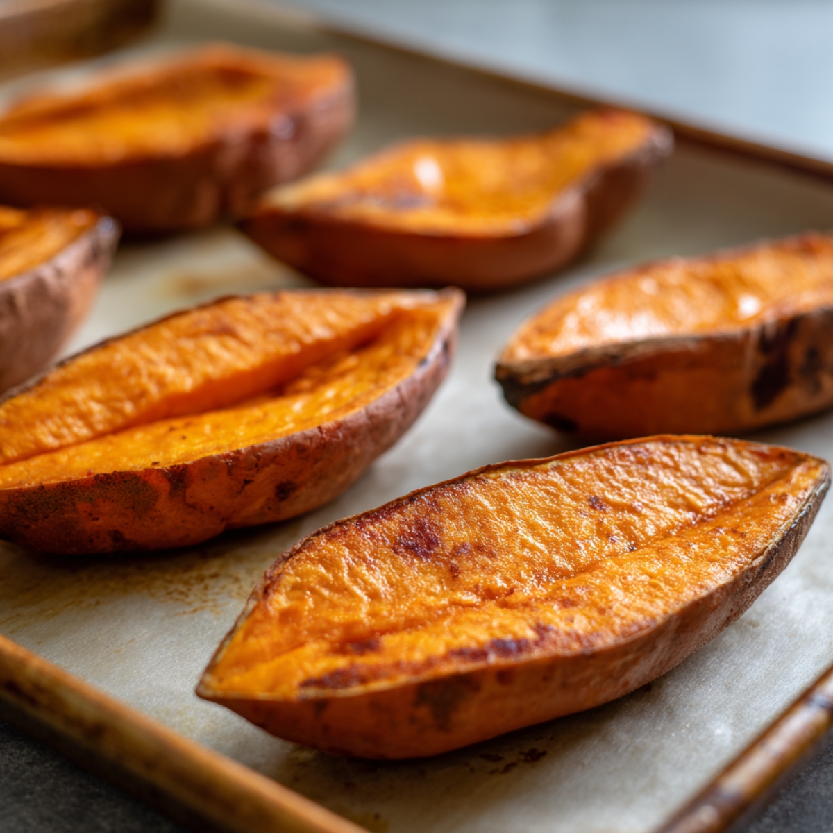 Healthy Sweet Potato Pecan Pie Recipe 10 “Roasted sweet potato halves on a baking sheet, showing caramelized edges and soft orange flesh ready for mashing.