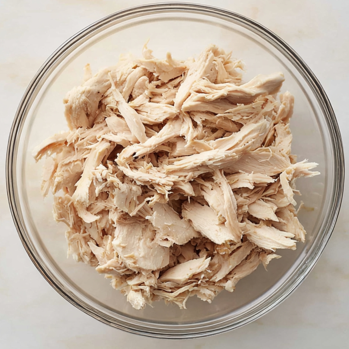 Loaded Torta Sandwich Recipe | Ready in 20 Min 10 A glass bowl filled with shredded cooked chicken breast on a light-colored countertop.