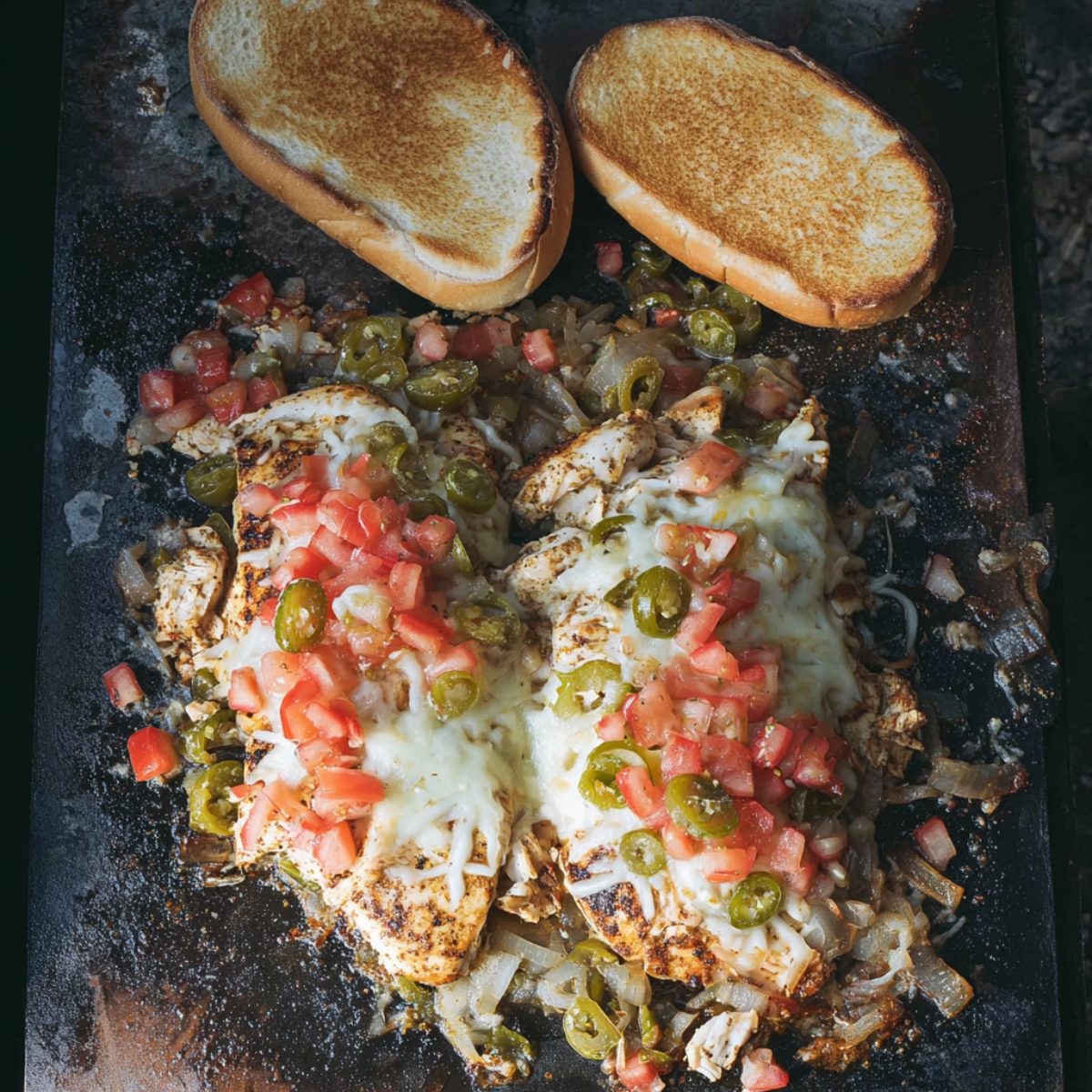 Loaded Torta Sandwich Recipe | Ready in 20 Min 12 Grilled chicken with melted cheese and vegetables cooking on a flat-top griddle, with toasted sandwich rolls beside it.