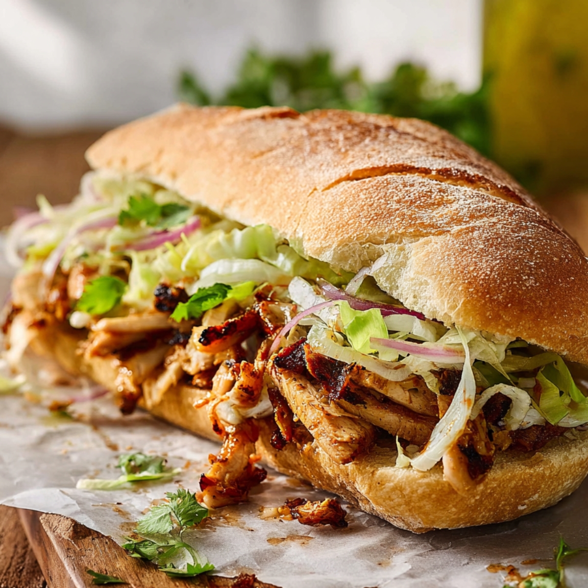 Loaded Torta Sandwich Recipe | Ready in 20 Min 13 A chicken torta sandwich filled with grilled chicken, shredded lettuce, onions, and herbs on crusty bread.