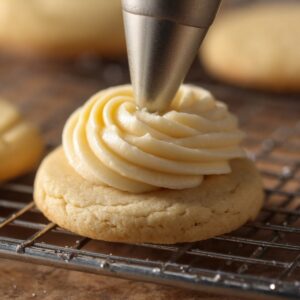Creme Brûlée Cookies Recipe | Easy & Addictive 17 Piping creamy frosting in a swirl onto a sugar cookie resting on a metal cooling rack.