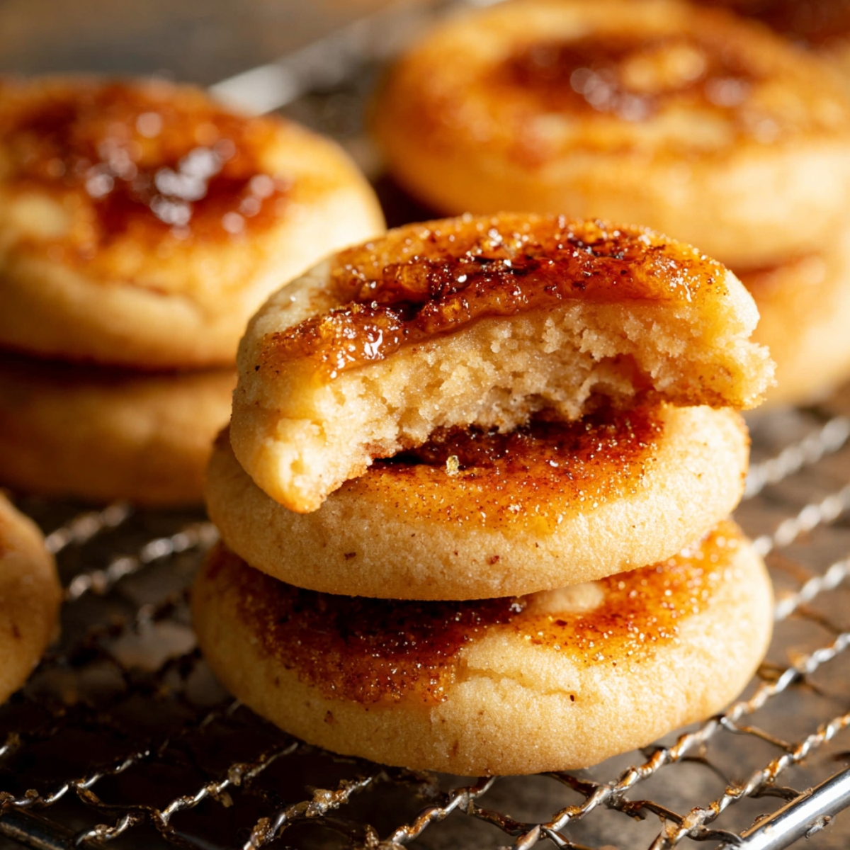 Creme Brûlée Cookies Recipe | Easy & Addictive 13 Crème brûlée cookies stacked on a wire rack, topped with caramelized sugar, with one cookie bitten to show a soft buttery interior.
