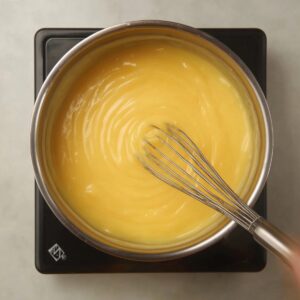 Creme Brûlée Cookies Recipe | Easy & Addictive 15 Top-down view of smooth lemon curd being whisked in a saucepan on a stovetop.