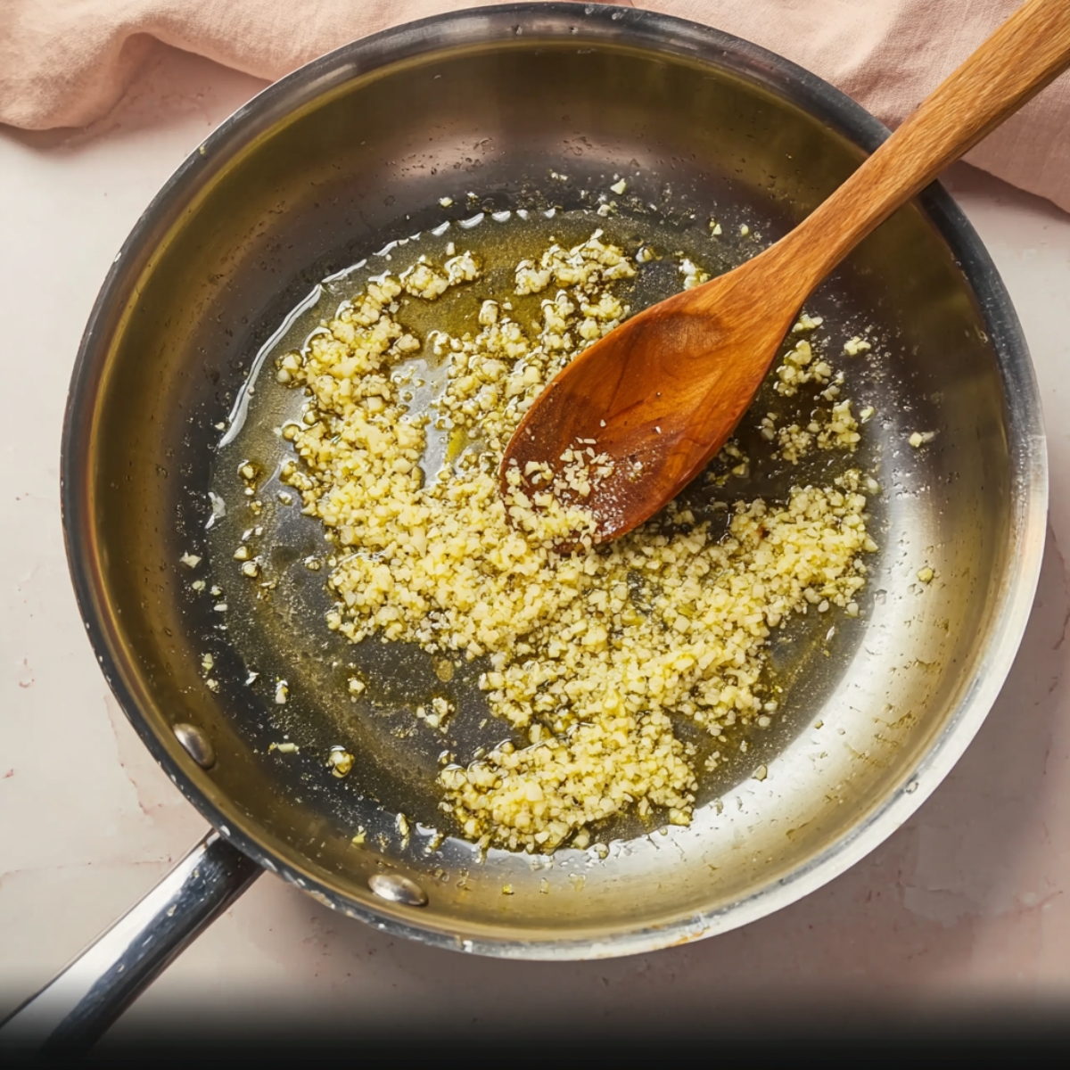 Best Gochujang Pasta Recipe | Creamy & Spicy in 20 Minutes 10 Minced garlic sautéing in olive oil in a stainless steel pan with a wooden spoon, close-up stovetop cooking scene.