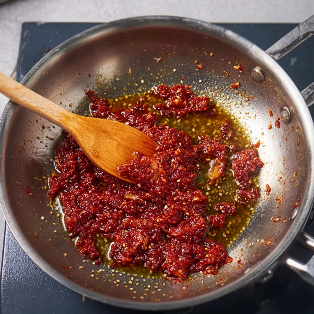 Best Gochujang Pasta Recipe | Creamy & Spicy in 20 Minutes 11 Gochujang chili paste sizzling in olive oil inside a stainless steel skillet, being stirred with a wooden spoon, close-up cooking scene.