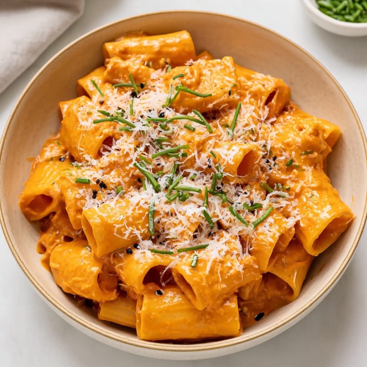 Best Gochujang Pasta Recipe | Creamy & Spicy in 20 Minutes 14 gochujang pasta Top-down view of creamy gochujang rigatoni pasta served in a beige bowl, garnished with grated cheese and green herbs on a light background.