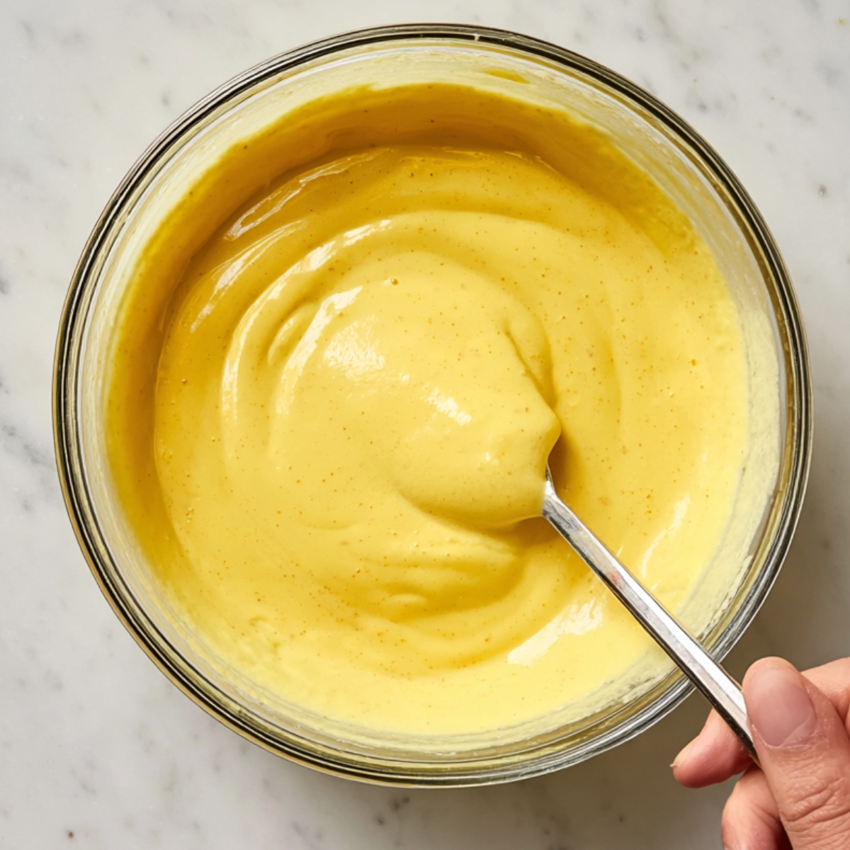 Easy Mango Tres Leches Recipe | Tropical Summer Dessert 12 Glass bowl filled with smooth mango lassi mixture being stirred with a spoon on a marble countertop.