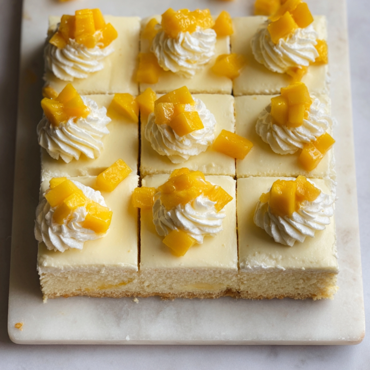 Easy Mango Tres Leches Recipe | Tropical Summer Dessert 13 Top-down view of mango lassi tres leches cake cut into neat squares, topped with whipped cream swirls and diced fresh mango.