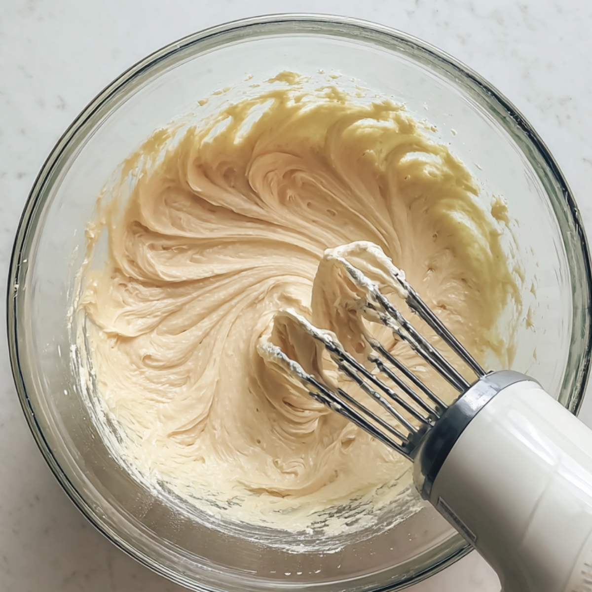 Easy Mango Tres Leches Recipe | Tropical Summer Dessert 10 Cake batter being mixed with an electric hand mixer in a glass bowl, showing a smooth and airy texture.