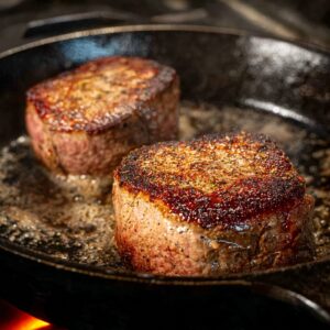 Easy Peppercorn Sauce Recipe | Ready in 20 Minutes 17 Two beef fillets sizzling in a cast iron skillet, each developing a rich, crispy, golden-brown crust as they sear in the hot pan.