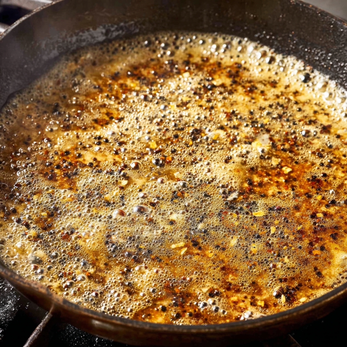 Easy Peppercorn Sauce Recipe | Ready in 20 Minutes 12 A bubbling peppercorn sauce in a skillet, with hints of golden brown and black pepper floating in the rich, aromatic sauce.