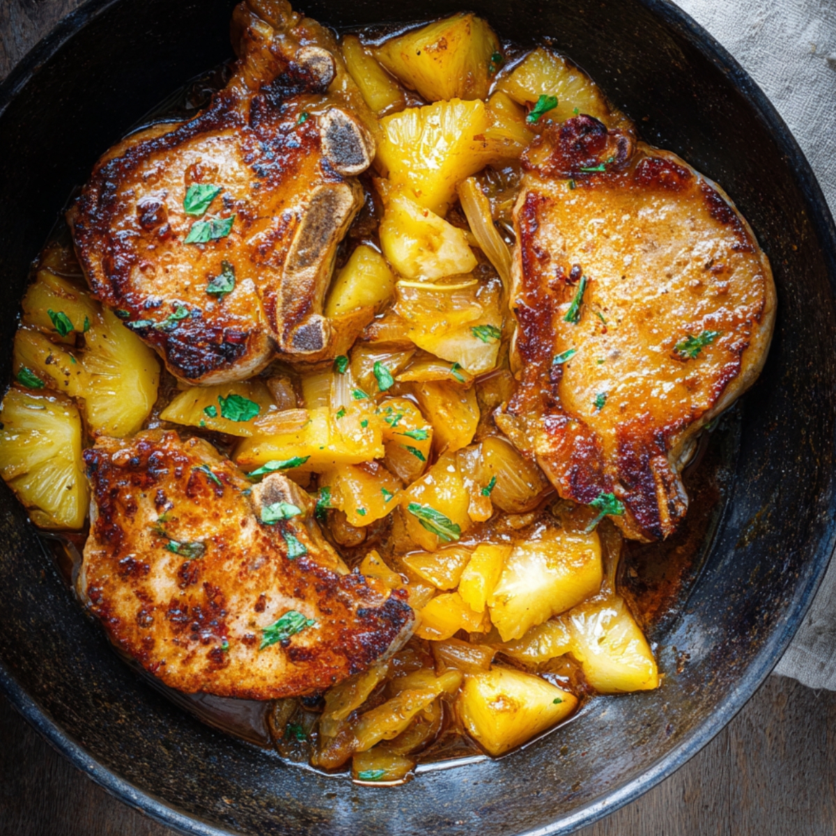 Easy Pineapple Pork Chops Recipe | Ready in 20 Minutes 12 Skillet with pork chops simmering in thick pineapple onion sauce, topped with herbs in a rustic cooking scene.