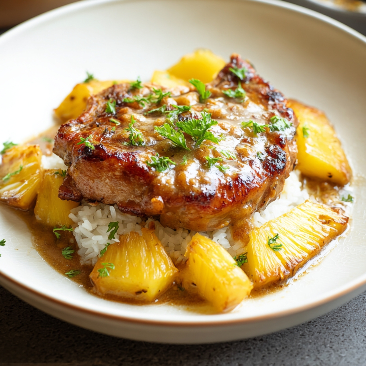 Easy Pineapple Pork Chops Recipe | Ready in 20 Minutes 13 Pan-seared pork chop glazed with pineapple sauce, served over white rice and garnished with fresh herbs in a shallow bowl.