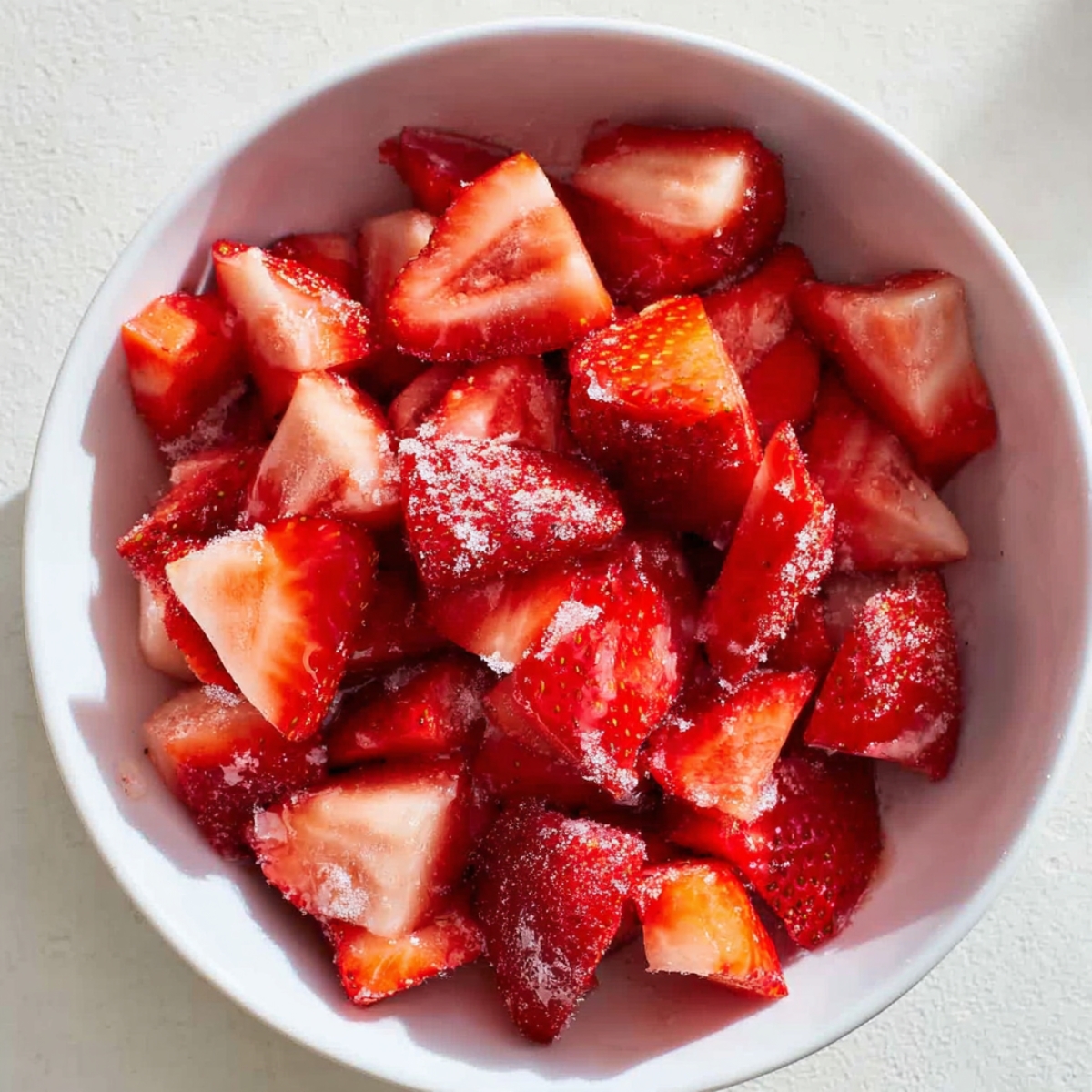 Best Strawberry Danishes | 5 Ingredients & Flaky 10 “Bowl of chopped fresh strawberries mixed with sugar, showing a glossy red texture.”