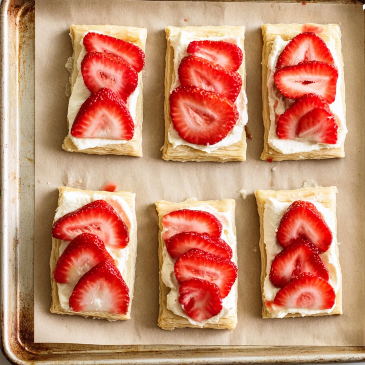 Best Strawberry Danishes | 5 Ingredients & Flaky 12 “Puff pastry squares on a baking tray topped with cream cheese filling and fresh sliced strawberries before baking.”