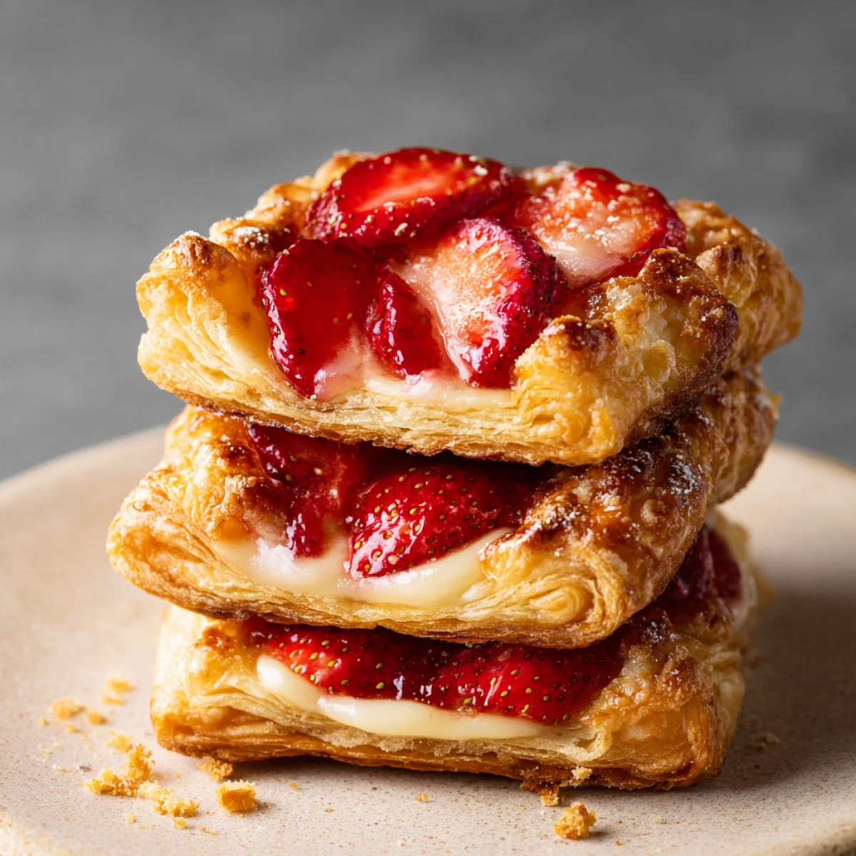 Best Strawberry Danishes | 5 Ingredients & Flaky 13 Stacked baked strawberry danish pastries with flaky golden puff pastry, creamy filling, and glossy strawberry topping.