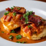 tomato gravy Southern biscuits topped with tomato gravy and crispy bacon, served on a white plate with fresh parsley.