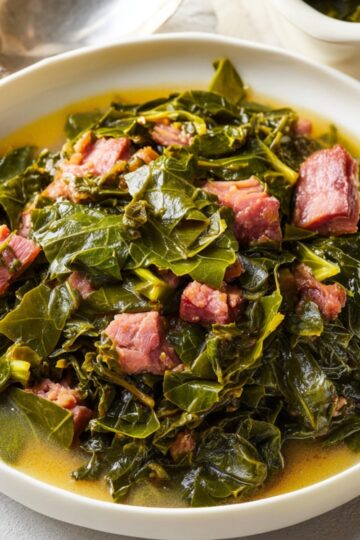 turnip greens Southern-style collard greens cooked with smoked ham hock in a light broth, served in a white bowl with cornbread in the background.