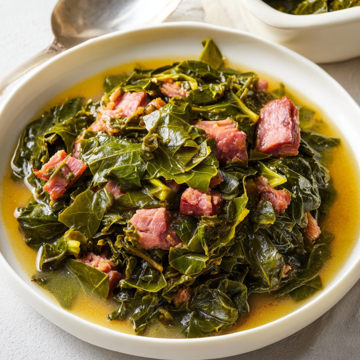 turnip greens Southern-style collard greens cooked with smoked ham hock in a light broth, served in a white bowl with cornbread in the background.