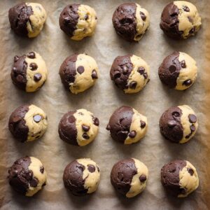 Easy Brookies Cookies Recipe | Half Cookie, Half Brownie 17 Raw half chocolate and half vanilla cookie dough balls with chocolate chips arranged on parchment paper before baking.