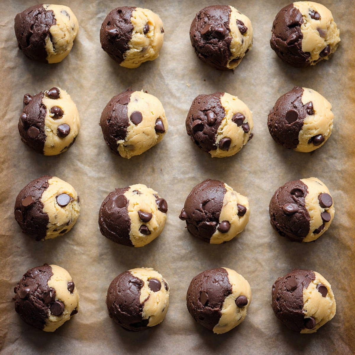 Easy Brookies Cookies Recipe | Half Cookie, Half Brownie 12 Raw half chocolate and half vanilla cookie dough balls with chocolate chips arranged on parchment paper before baking.