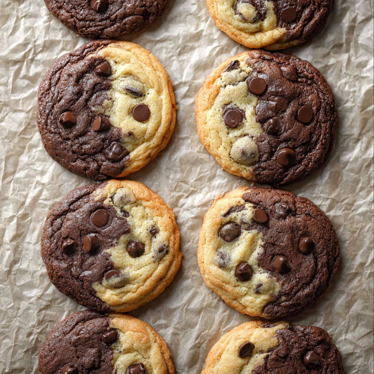 Easy Brookies Cookies Recipe | Half Cookie, Half Brownie 13 Top view of freshly baked half chocolate half vanilla chocolate chip cookies cooling on crinkled parchment paper.