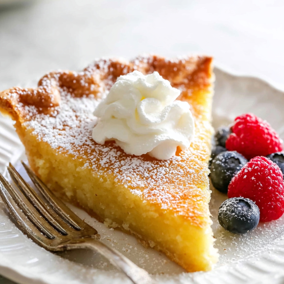 Buttermilk Chess Pie Slice of buttermilk chess pie topped with whipped cream and served with raspberries and blueberries on a white plate.