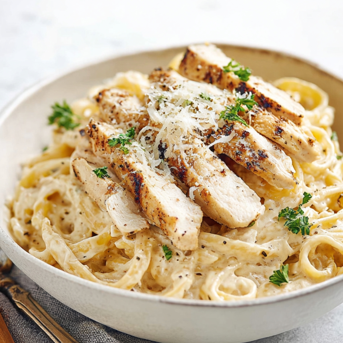 Chicken Alfredo pasta topped with sliced chicken and Parmesan cheese