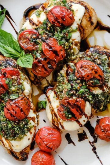 Easy Chicken Caprese Recipe (Ready in 30 Minutes!) 18 Chicken Caprese Overhead view of plated caprese chicken topped with melted mozzarella, roasted cherry tomatoes, basil pesto, and balsamic glaze on a white plate.