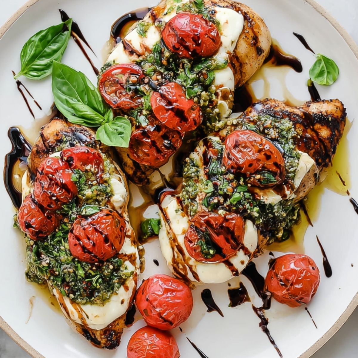 Chicken Caprese Overhead view of plated caprese chicken topped with melted mozzarella, roasted cherry tomatoes, basil pesto, and balsamic glaze on a white plate.