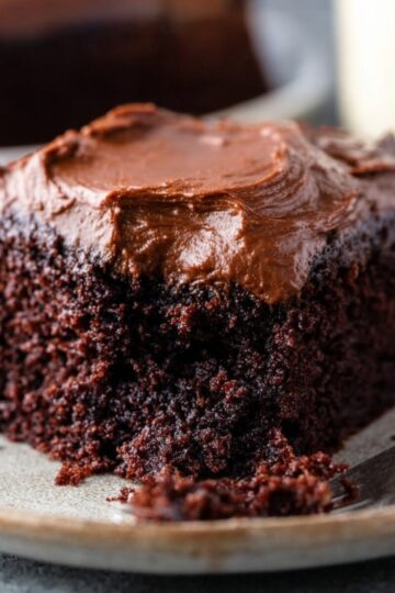 Easy Chocolate Mayonnaise Cake | 45-Minute Recipe 19 Chocolate Mayonnaise Cake A slice of moist, chocolate cake topped with a generous layer of chocolate frosting, served on a plate with a fork beside it.