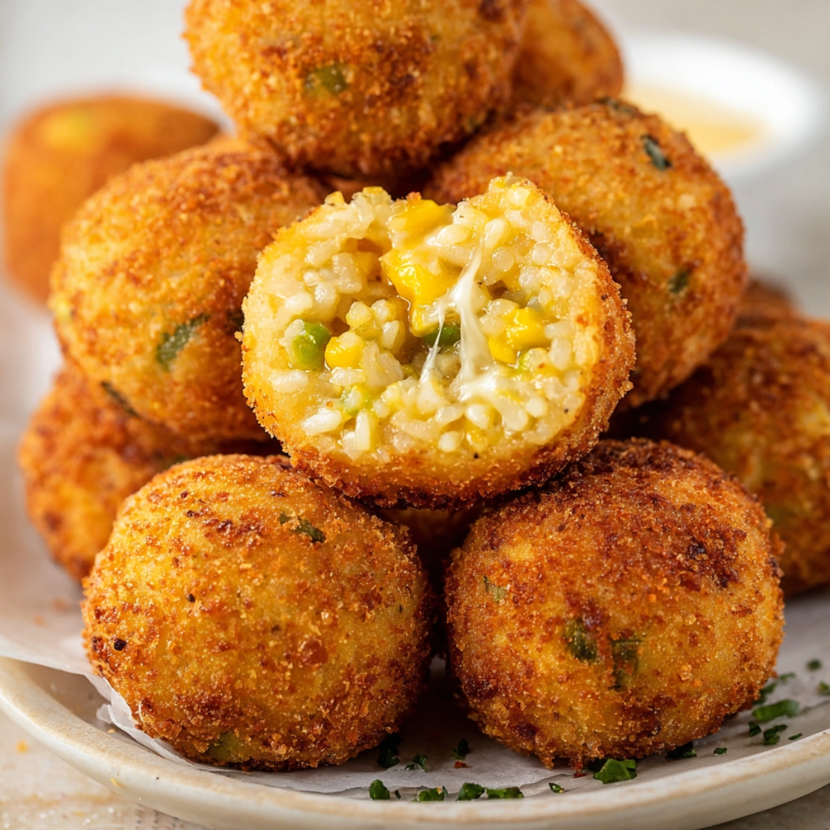 Fried Rice Balls Crispy fried rice balls stacked on a plate, one cut open revealing melted cheese and rice filling, golden crunchy crust, shallow depth of field, soft natural light, high-detail food photography, appetizing close-up shot
