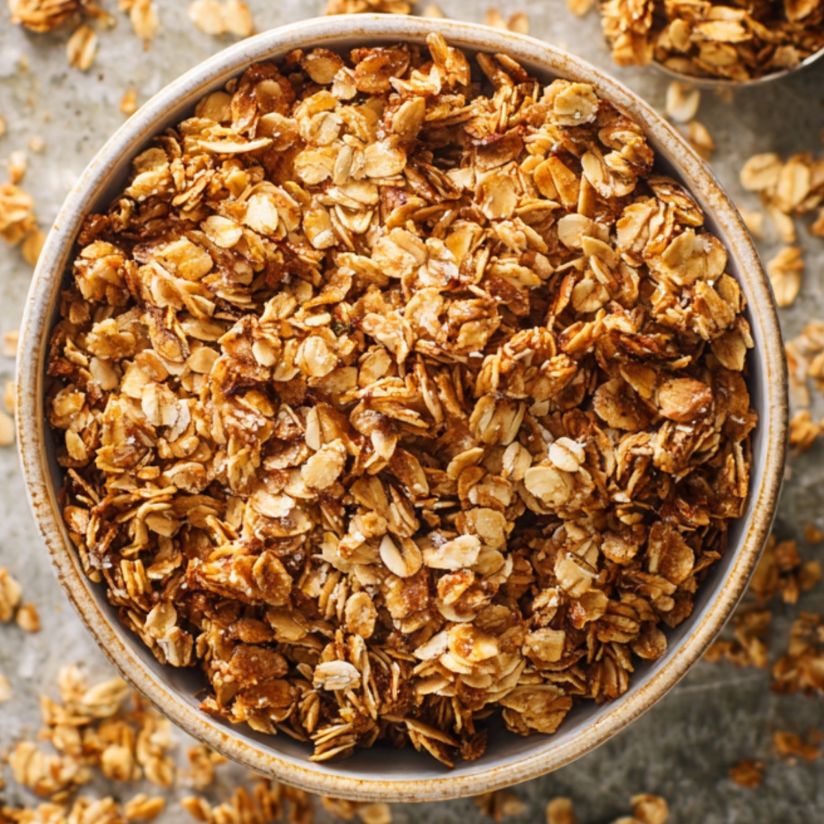 Granola Recipe Top-down shot of homemade granola in a ceramic bowl with oat clusters scattered around, golden brown color, crunchy texture, rustic background, soft natural lighting, editorial food photography