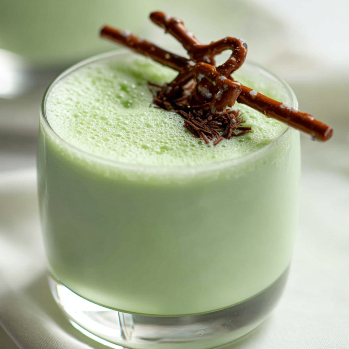 Grasshopper drink A creamy pale green grasshopper drink served in a short glass, topped with foam and garnished with a chocolate-covered pretzel stick.