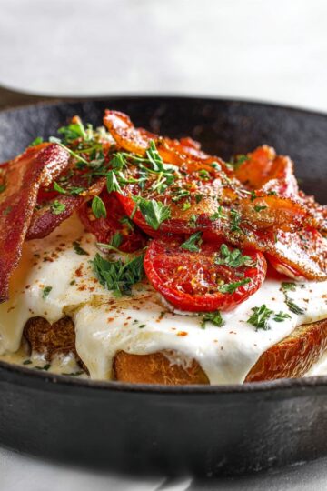 Kentucky Hot Brown Recipe - Easy & Ready in 30 Minutes 2 Kentucky Hot Brown Hot brown sandwich served in a cast iron skillet with thick toast, creamy sauce, crispy bacon strips, roasted tomatoes, and chopped herbs
