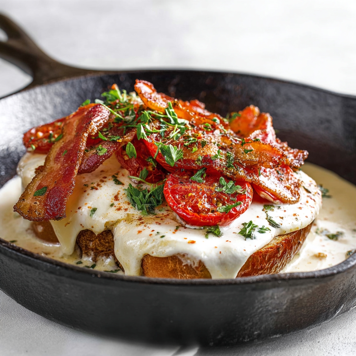 Kentucky Hot Brown Recipe - Easy & Ready in 30 Minutes 9 Kentucky Hot Brown Hot brown sandwich served in a cast iron skillet with thick toast, creamy sauce, crispy bacon strips, roasted tomatoes, and chopped herbs