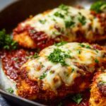Keto Chicken Parmesan Baked chicken parmesan with melted cheese and tomato sauce, garnished with fresh parsley and served on a white dish.
