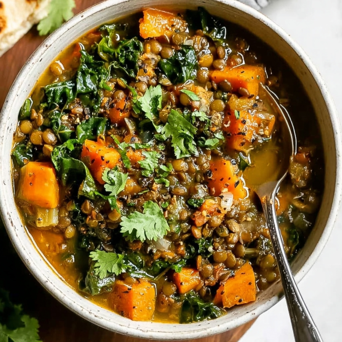 Lebanese Lentil Soup A warm bowl of Lebanese lentil soup with green lentils, sweet potato, kale, and carrots, garnished with fresh cilantro.