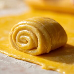 Lemon Cinnamon Rolls Recipe | Soft, Tangy & Easy 18 Close-up shot of a single unbaked lemon sweet roll being shaped on lemon-glazed dough, smooth spiral form, glossy citrus butter coating, minimal background, bright natural light, professional baking process photography