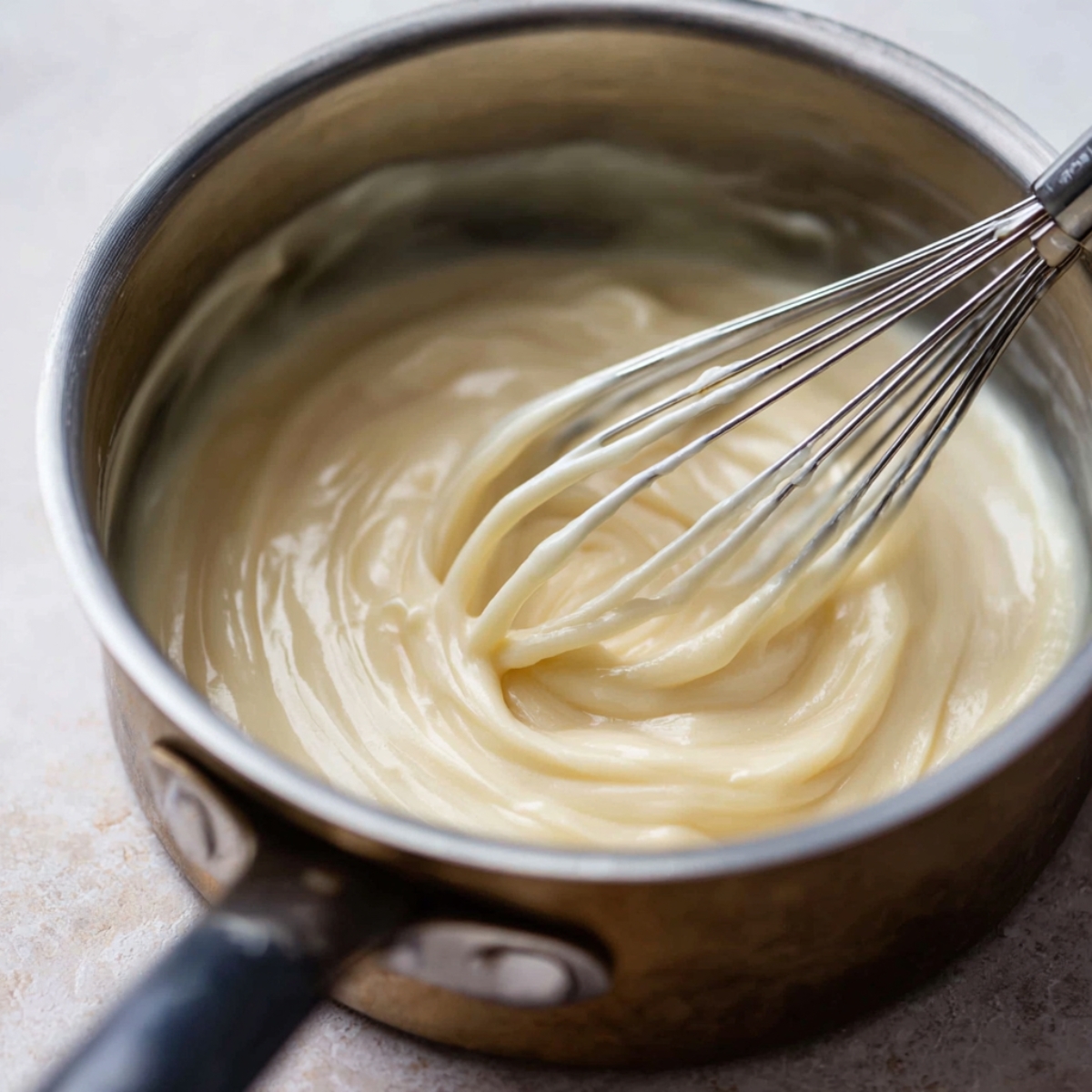 Lemon Cinnamon Rolls Recipe | Soft, Tangy & Easy 10 Close-up of lemon cream cheese frosting being whisked in a saucepan, silky smooth texture, metal whisk visible, soft warm lighting, minimal kitchen background, professional baking photography, high detail
